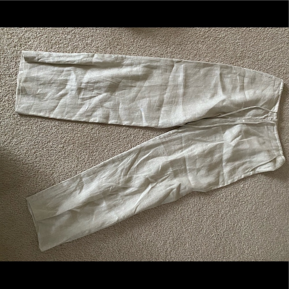 White linen wide leg drawstring pants